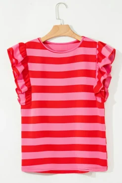Fashion Dear-Lover Flutter Sleeve Round Neck T Shirt Red Stripe
