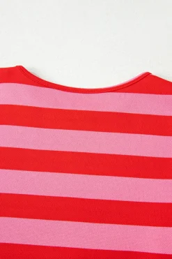 Fashion Dear-Lover Flutter Sleeve Round Neck T Shirt Red Stripe