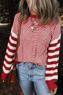 Sale Dear-Lover Geometric Textured Drop Shoulder Sweater Red Stripe