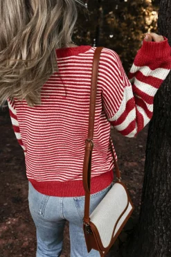 Sale Dear-Lover Geometric Textured Drop Shoulder Sweater Red Stripe