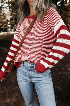 Sale Dear-Lover Geometric Textured Drop Shoulder Sweater Red Stripe