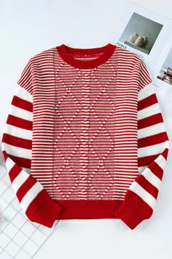 Sale Dear-Lover Geometric Textured Drop Shoulder Sweater Red Stripe