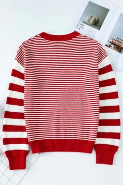 Sale Dear-Lover Geometric Textured Drop Shoulder Sweater Red Stripe