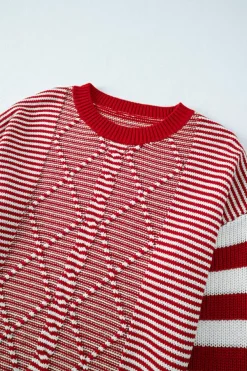 Sale Dear-Lover Geometric Textured Drop Shoulder Sweater Red Stripe