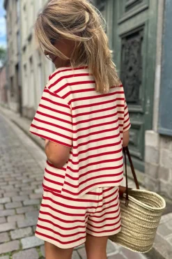 Sale Dear-Lover Lace-up Front Top and High Waist Shorts Set Red Stripe