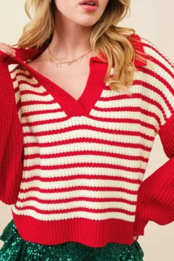 Outlet Dear-Lover Lantern Sleeve V Neck Collared Drop Shoulder Sweater Red Stripe