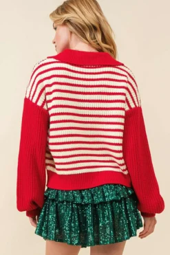 Outlet Dear-Lover Lantern Sleeve V Neck Collared Drop Shoulder Sweater Red Stripe