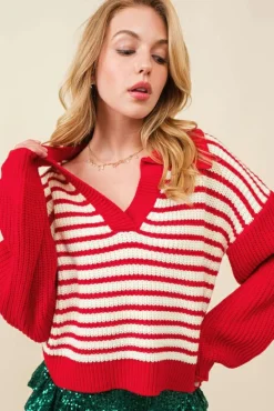 Outlet Dear-Lover Lantern Sleeve V Neck Collared Drop Shoulder Sweater Red Stripe