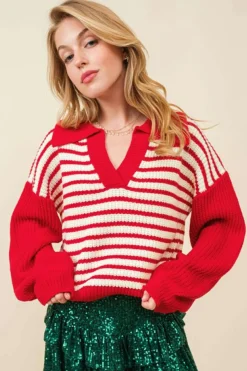 Outlet Dear-Lover Lantern Sleeve V Neck Collared Drop Shoulder Sweater Red Stripe