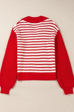 Outlet Dear-Lover Lantern Sleeve V Neck Collared Drop Shoulder Sweater Red Stripe