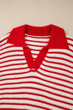 Outlet Dear-Lover Lantern Sleeve V Neck Collared Drop Shoulder Sweater Red Stripe