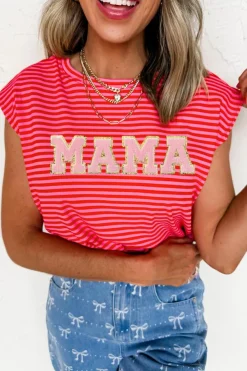 Discount Dear-Lover MAMA Graphic Cap Sleeve T Shirt Red Stripe