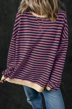 Clearance Dear-Lover Oversized Contrast Trim Pullover Sweatshirt Red Stripe