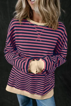 Clearance Dear-Lover Oversized Contrast Trim Pullover Sweatshirt Red Stripe