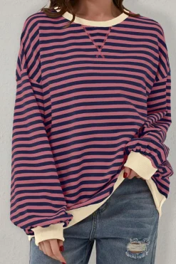 Clearance Dear-Lover Oversized Contrast Trim Pullover Sweatshirt Red Stripe