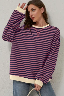 Clearance Dear-Lover Oversized Contrast Trim Pullover Sweatshirt Red Stripe