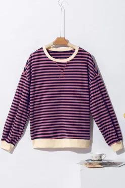 Clearance Dear-Lover Oversized Contrast Trim Pullover Sweatshirt Red Stripe
