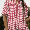 Outlet Dear-Lover Plaid Button Placket Split Neck Half Sleeve Blouse Red Stripe