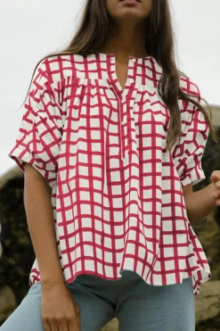 Outlet Dear-Lover Plaid Button Placket Split Neck Half Sleeve Blouse Red Stripe