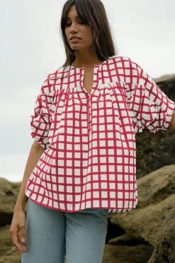 Outlet Dear-Lover Plaid Button Placket Split Neck Half Sleeve Blouse Red Stripe