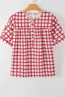 Outlet Dear-Lover Plaid Button Placket Split Neck Half Sleeve Blouse Red Stripe