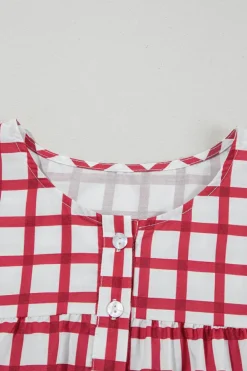 Outlet Dear-Lover Plaid Button Placket Split Neck Half Sleeve Blouse Red Stripe