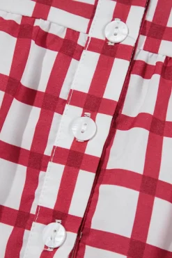 Outlet Dear-Lover Plaid Button Placket Split Neck Half Sleeve Blouse Red Stripe