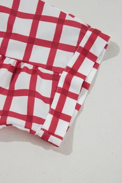Outlet Dear-Lover Plaid Button Placket Split Neck Half Sleeve Blouse Red Stripe
