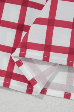 Outlet Dear-Lover Plaid Button Placket Split Neck Half Sleeve Blouse Red Stripe
