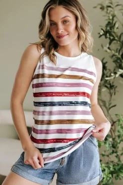 New Dear-Lover Rainbow Round Neck Tank Top Red Stripe