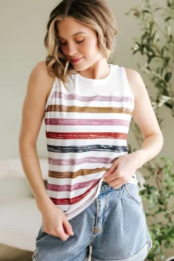 New Dear-Lover Rainbow Round Neck Tank Top Red Stripe