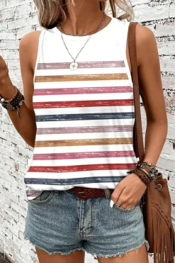 New Dear-Lover Rainbow Round Neck Tank Top Red Stripe