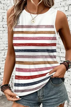 New Dear-Lover Rainbow Round Neck Tank Top Red Stripe