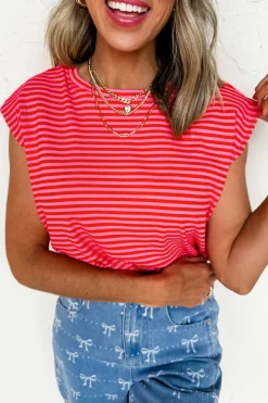 Online Dear-Lover Ribbed Cap Sleeve Round Neck T Shirt Red Stripe