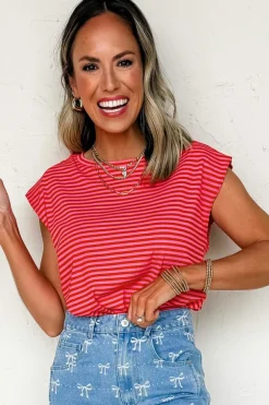Online Dear-Lover Ribbed Cap Sleeve Round Neck T Shirt Red Stripe
