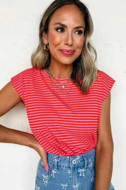 Online Dear-Lover Ribbed Cap Sleeve Round Neck T Shirt Red Stripe