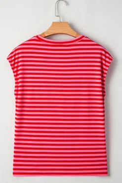 Online Dear-Lover Ribbed Cap Sleeve Round Neck T Shirt Red Stripe