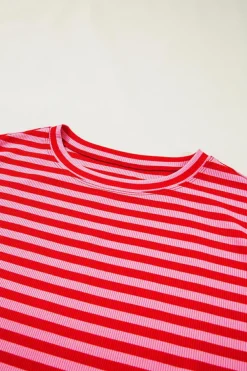 Online Dear-Lover Ribbed Cap Sleeve Round Neck T Shirt Red Stripe