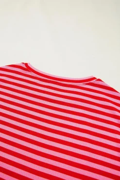 Online Dear-Lover Ribbed Cap Sleeve Round Neck T Shirt Red Stripe