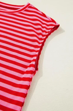 Online Dear-Lover Ribbed Cap Sleeve Round Neck T Shirt Red Stripe