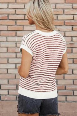 Hot Dear-Lover Ribbed Trim Loose Fit Knitted Sweater Vest Red Stripe