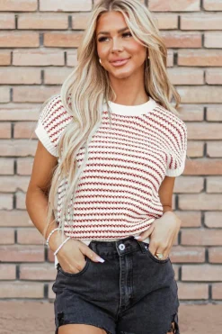 Hot Dear-Lover Ribbed Trim Loose Fit Knitted Sweater Vest Red Stripe