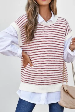 Hot Dear-Lover Ribbed Trim Loose Fit Knitted Sweater Vest Red Stripe