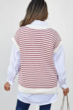 Hot Dear-Lover Ribbed Trim Loose Fit Knitted Sweater Vest Red Stripe