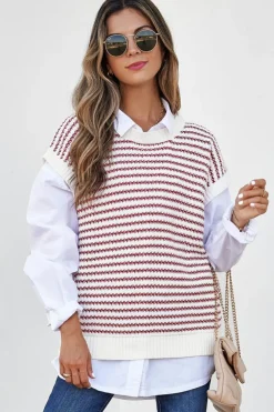 Hot Dear-Lover Ribbed Trim Loose Fit Knitted Sweater Vest Red Stripe
