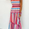 Clearance Dear-Lover Ruffled Straps Smocked Tiered Long Dress Red Stripe