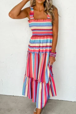 Clearance Dear-Lover Ruffled Straps Smocked Tiered Long Dress Red Stripe