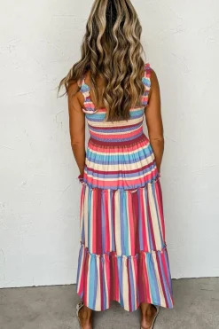 Clearance Dear-Lover Ruffled Straps Smocked Tiered Long Dress Red Stripe