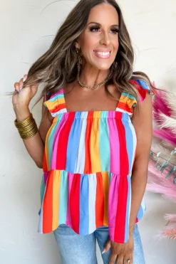 Online Dear-Lover Ruffled Straps Babydoll Tank Top Red Stripe