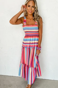 Clearance Dear-Lover Ruffled Straps Smocked Tiered Long Dress Red Stripe